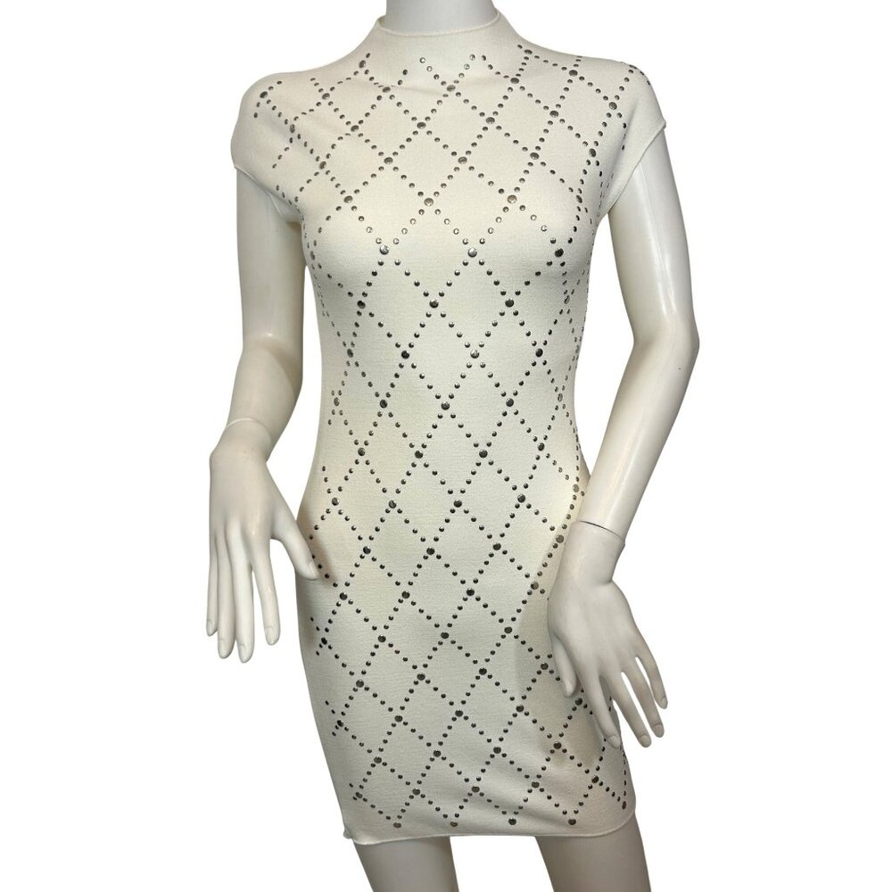Zara Women’s Mini Dress S White Knit Silver Studded High Neck Cap Sleeves Fitted